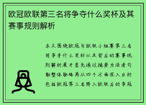 欧冠欧联第三名将争夺什么奖杯及其赛事规则解析