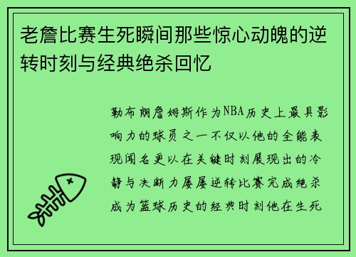 老詹比赛生死瞬间那些惊心动魄的逆转时刻与经典绝杀回忆