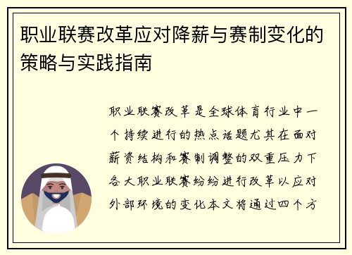 职业联赛改革应对降薪与赛制变化的策略与实践指南 职业联赛改革应对降薪与赛制变化的策略与实践指南