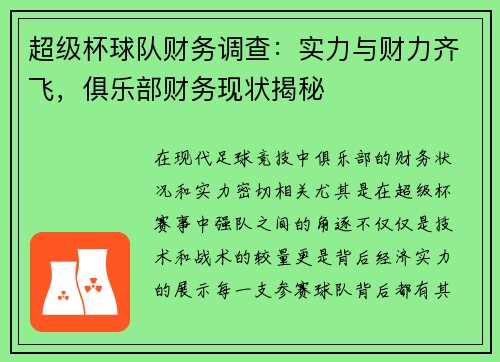 超级杯球队财务调查：实力与财力齐飞，俱乐部财务现状揭秘