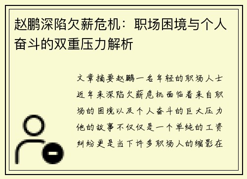 赵鹏深陷欠薪危机：职场困境与个人奋斗的双重压力解析